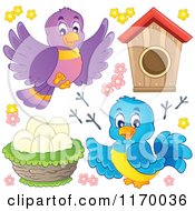 Poster, Art Print Of Happy Birds With Eggs In A Nest Tracks Flowers And A House