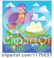Happy Purple Flying To A Nest In A Tree