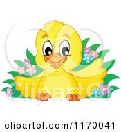 Cartoon Of A Happy Cute Yellow Chick With A Bush Over A Sign Royalty Free Vector Clipart