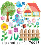 Poster, Art Print Of House Insects Birds Flowers Fence And Tree