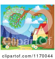 Cartoon Of A Path And Fence Under A Blossoming Tree Behind Houses Royalty Free Vector Clipart