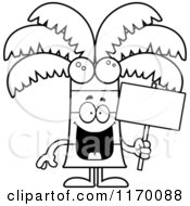 Cartoon Of An Outlined Happy Coconut Palm Tree Mascot Holding A Sign Royalty Free Vector Clipart