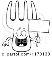 Cartoon Of An Outlined Happy Fork Mascot Holding A Sign Royalty Free Vector Clipart