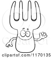 Cartoon Of An Outlined Waving Fork Mascot Royalty Free Vector Clipart
