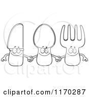 Cartoon Of An Outlined Knife Spoon And Fork Holding Hands Royalty Free Vector Clipart