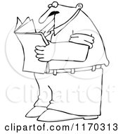 Cartoon Of An Outlined Man Standing And Reading A Newspaper Royalty Free Vector Clipart