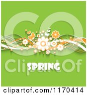 Clipart Of Spring Text Under Orange And White Flowers And Butterflies On Green Royalty Free Vector Illustration