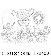 Cartoon Of An Outlined Chef Bunny Decorating An Easter Cake Royalty Free Vector Clipart