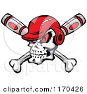 Cartoon Of A Red Eyed Baseball Skull With A Helmet Over Crossed Bats Royalty Free Vector Clipart by Chromaco