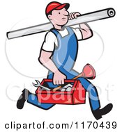 Poster, Art Print Of Cartoon Plumber Worker Running With A Pipe And Tool Box