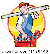 Poster, Art Print Of Cartoon Plumber Worker With A Pipe And Tool Box In A Yellow Circle