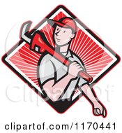 Poster, Art Print Of Cartoon Plumber Worker Walking With A Monkey Wrench Over A Red Ray Diamond