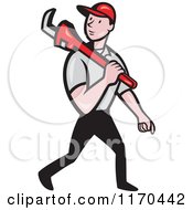 Clipart Of A Cartoon Plumber Worker Walking With A Monkey Wrench Royalty Free Vector Illustration