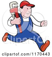 Clipart Of A Cartoon Plumber Running With A Monkey Wrench Royalty Free Vector Illustration