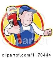 Poster, Art Print Of Cartoon Plumber With A Monkey Wrench In A Yellow Circle