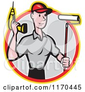 Cartoon Handyman Worker With A Drill And Paint Roller Brush In A Gray Circle