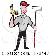 Poster, Art Print Of Cartoon Handyman Worker With A Drill And Paint Roller Brush