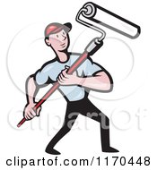 Cartoon Painter Man Using A Roller Brush