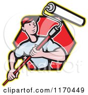 Clipart Of A Cartoon Painter Man Using A Roller Brush In A Red Hexagon Royalty Free Vector Illustration by patrimonio