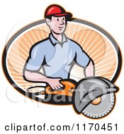 Cartoon Worker Man Holding A Concrete Saw Over An Oval Of Rays