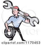 Cartoon Mechanic Worker Holding A Tire And Spanner Wrench