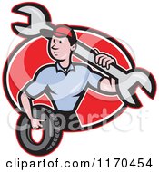 Poster, Art Print Of Cartoon Mechanic Worker Holding A Tire And Spanner Wrench Over A Red Oval