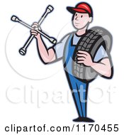 Poster, Art Print Of Cartoon Mechanic Worker Holding A Tire And Socket Wrench