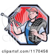 Poster, Art Print Of Cartoon Mechanic Worker Holding A Tire And Socket Wrench Over A Hexagon With Rays
