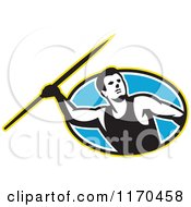 Poster, Art Print Of Retro Track And Field Javelin Thrower Over A Blue Oval