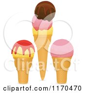Clipart Of Strawberry Chocolate And Vanilla Ice Cream Cones With Syrups Royalty Free Vector Illustration by elaineitalia