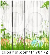 Clipart Of A Painting Of Easter Eggs Plants And Gress On A Wood Fence Royalty Free Vector Illustration by elaineitalia