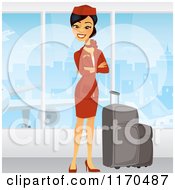 Beautiful Airline Stewardess In A Red Uniform Standing By Windows With Her Luggage