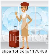 Waving Emirates Airline Stewardess In A Brown Uniform Standing By Windows With Her Luggage