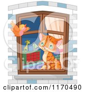 Poster, Art Print Of Cute Ginger House Kitten Watching A Bird From A Window
