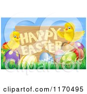 Poster, Art Print Of Wooden Happy Easter Sign With Chicks And Easter Eggs Against Blue Sky