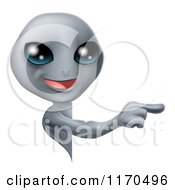 Cartoon Of A Cute Gray Alien Looking Around A Sign And Pointing Royalty Free Vector Clipart