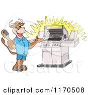Poster, Art Print Of Happy Cow Holding A Steel Brush And Presenting A Bbq Grill