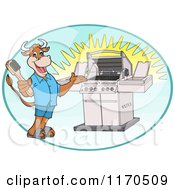 Poster, Art Print Of Happy Cow Holding A Steel Brush And Presenting A Bbq Grill In An Oval