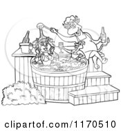 Outlined Chef Bull Pouring Bbq Sauce On A Female Pig And Chicken In A Hot Tub