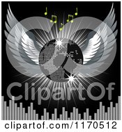 Poster, Art Print Of 3d Winged Disco Ball Globe With Music Notes And A Burst Over An Equalizer On Black
