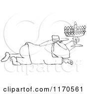 Cartoon Of An Outlined Rabbi Man Crawling With A Menorah Royalty Free Vector Clipart