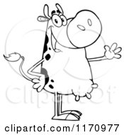 Cartoon Of An Outlined Happy Cow Standing And Waving Royalty Free Vector Clipart