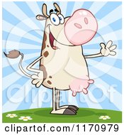Cartoon Of A Happy Cow Standing And Waving Against Blue Rays Royalty Free Vector Clipart