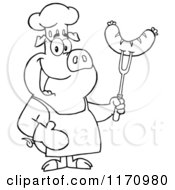 Poster, Art Print Of Outlined Chef Pig Holding A Sausage On A Bbq Fork