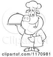 Poster, Art Print Of Outlined Chef Pig Standing With A Cloche Platter