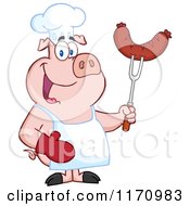Cartoon Of A Chef Pig Holding A Sausage On A Bbq Fork Royalty Free Vector Clipart
