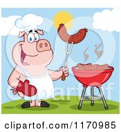 Poster, Art Print Of Chef Pig Holding A Sausage On A Fork By A Grill