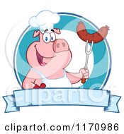 Poster, Art Print Of Chef Pig Holding A Sausage On A Bbq Fork Over A Blue Banner