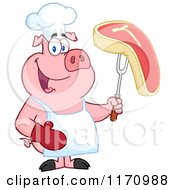 Cartoon Of A Chef Pig Holding A Beef Steak On A Bbq Fork Royalty Free Vector Clipart