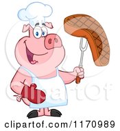 Poster, Art Print Of Chef Pig Holding A Cooked Steak On A Bbq Fork